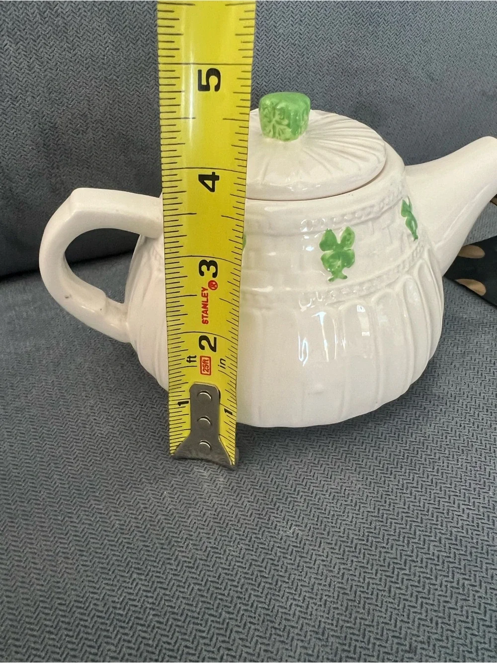 White Ceramic Teapot with Green Shamrock Accents and Green Lid Knob